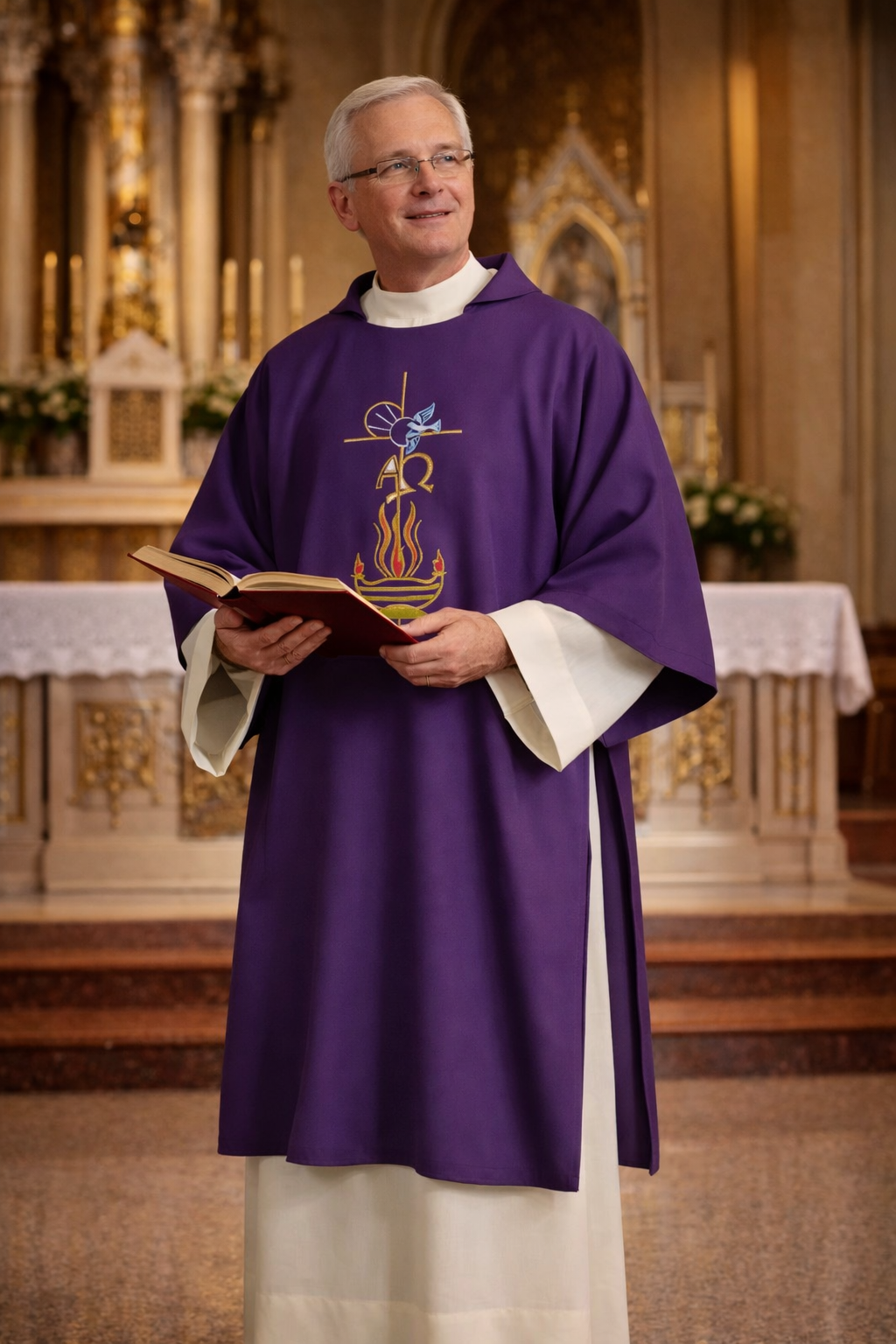 Deacon wearing a purple dalmatic in a church holding a book with a decorative cover