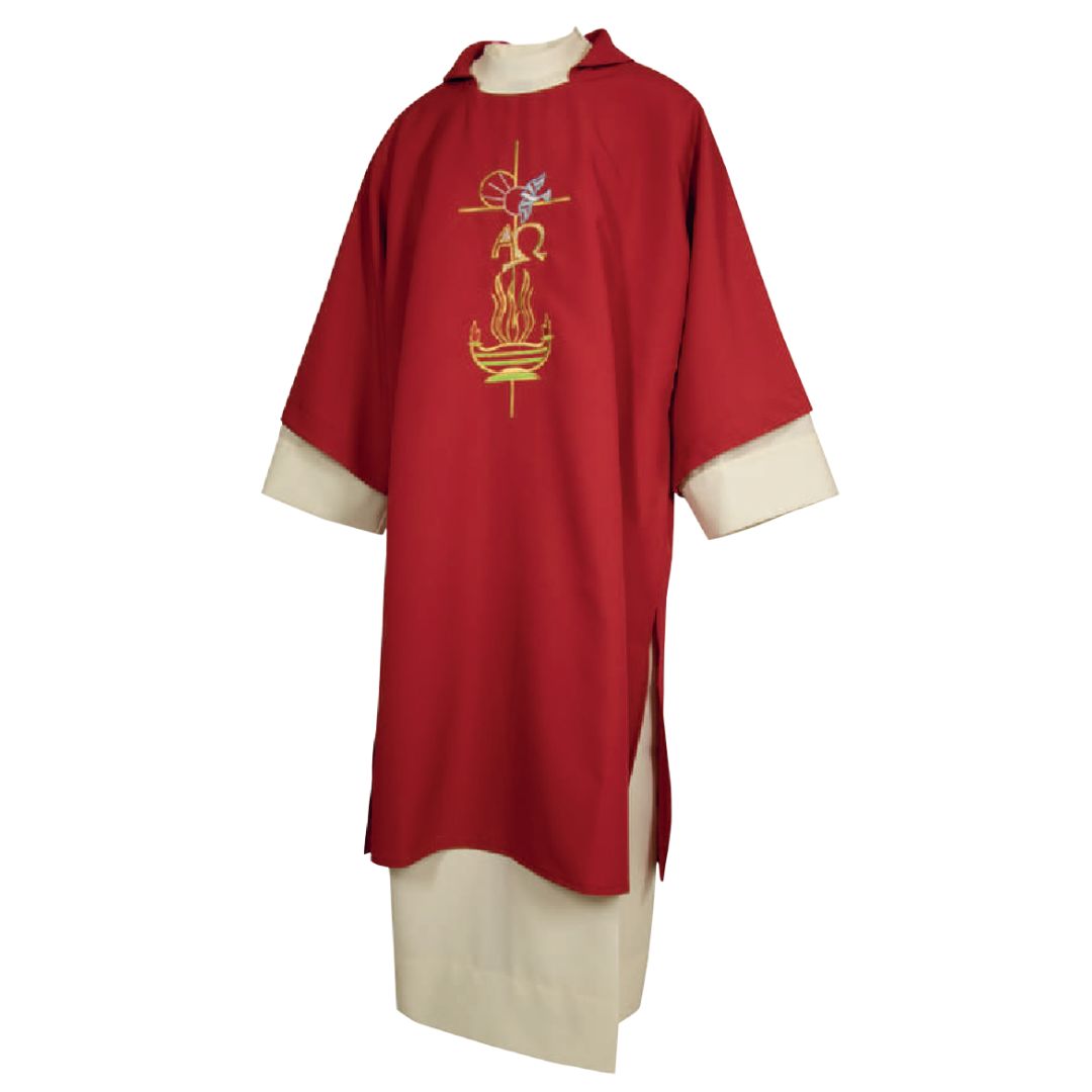 Deacon Dalmatic Alpha Omega, Flame and Dove red Made in Italy and sold by The Clergy Store