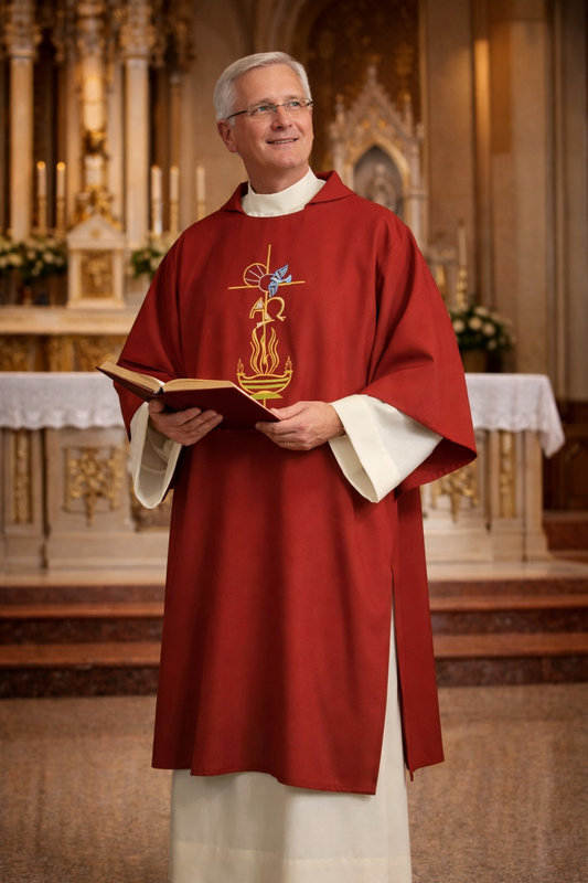 Deacon wearing a purple dalmatic in a church holding a book with a decorative cover