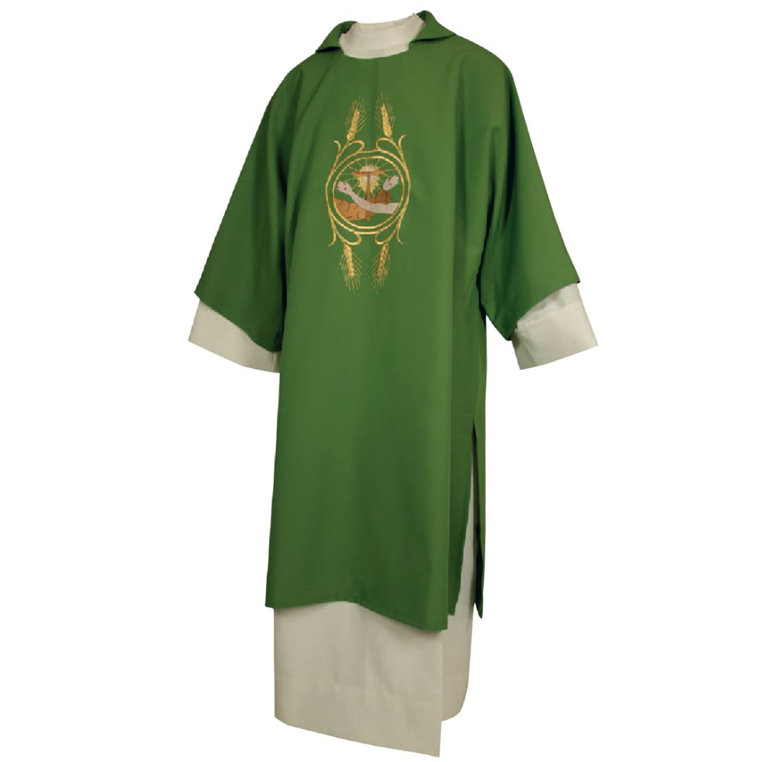 Deacon Dalmatic green with Franciscan emblem Made in Italy and sold by The Clergy Store