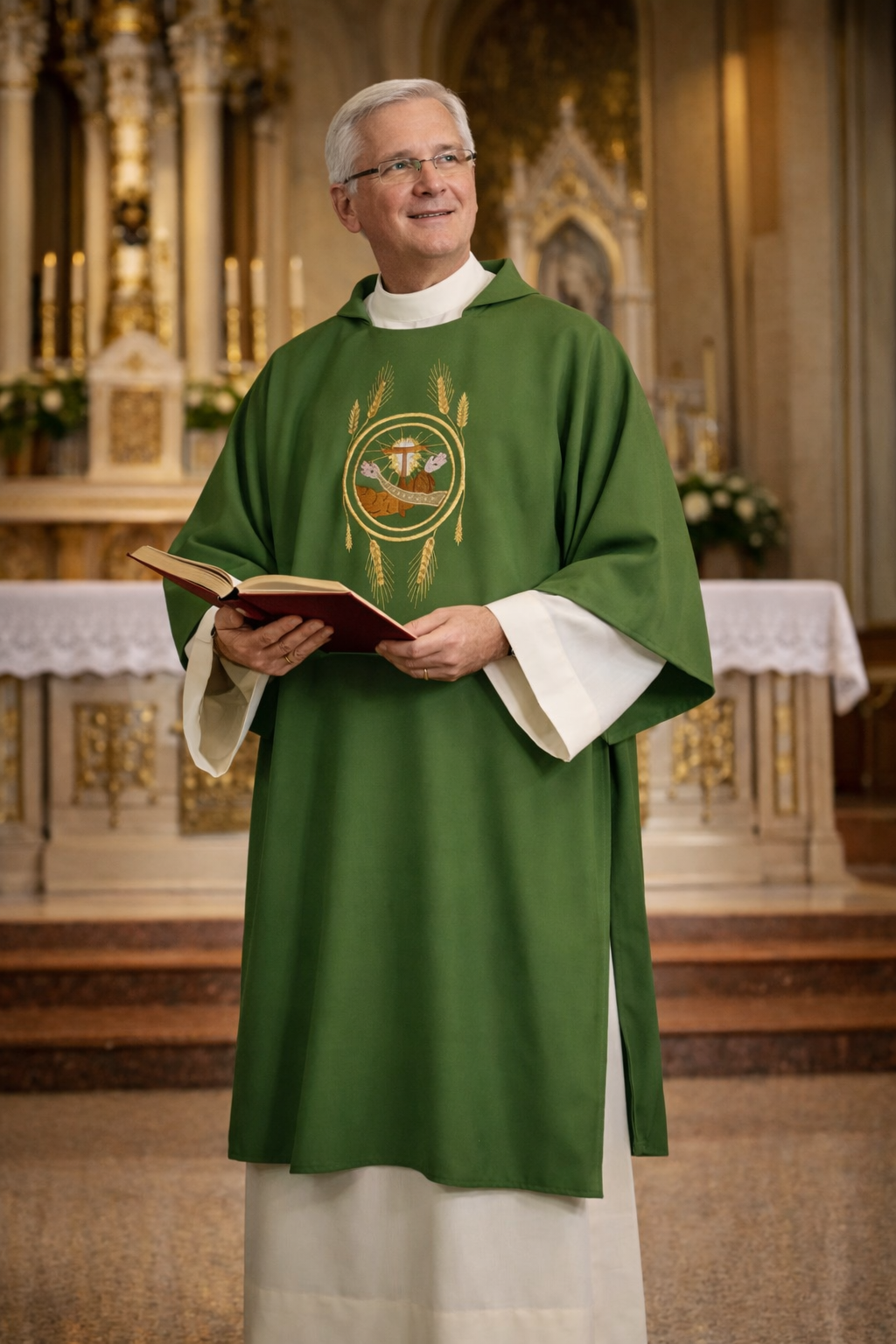 Deacon in green vestment holding a book in a church setting