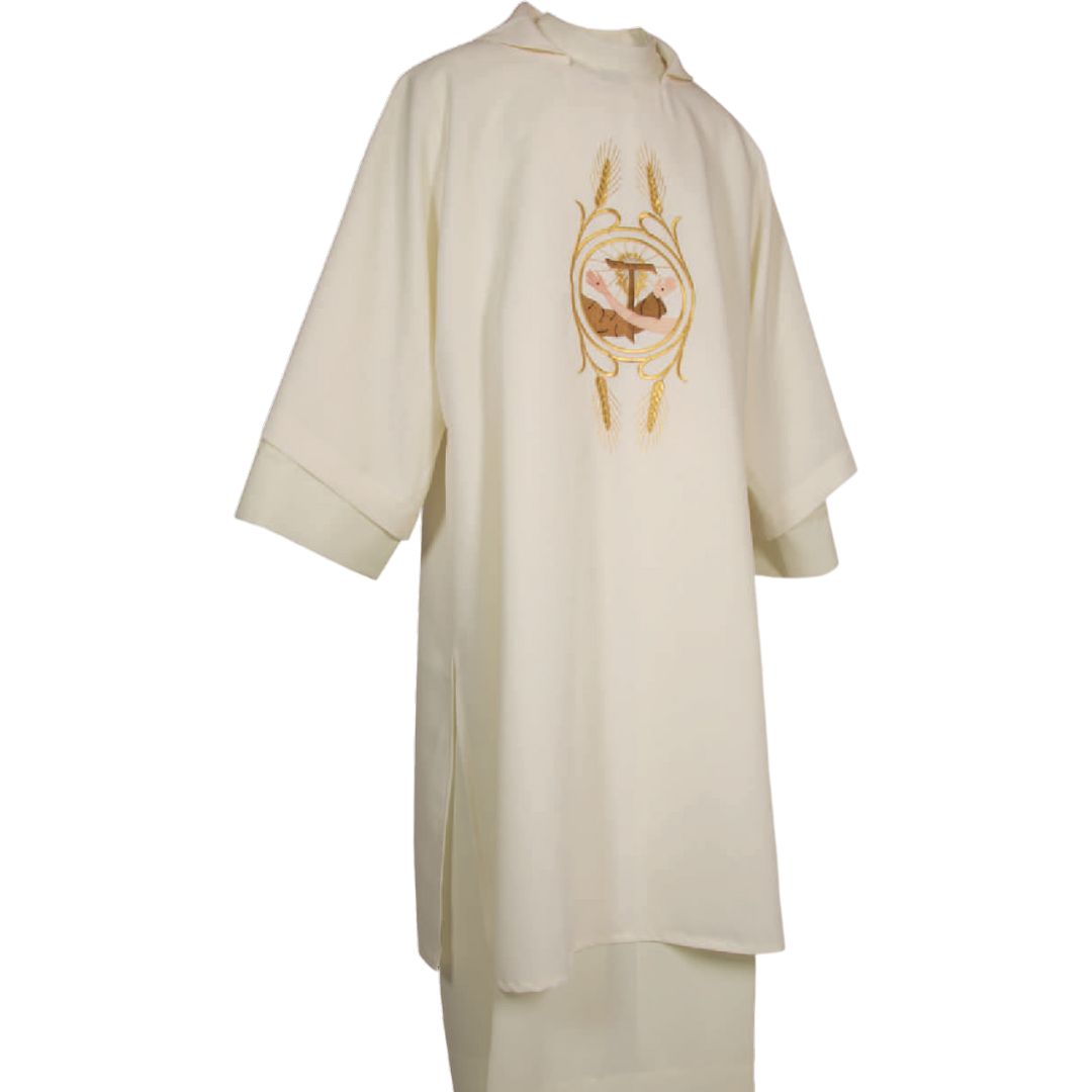 Deacon Dalmatic ivory with Franciscan emblem Made in Italy and sold by The Clergy Store