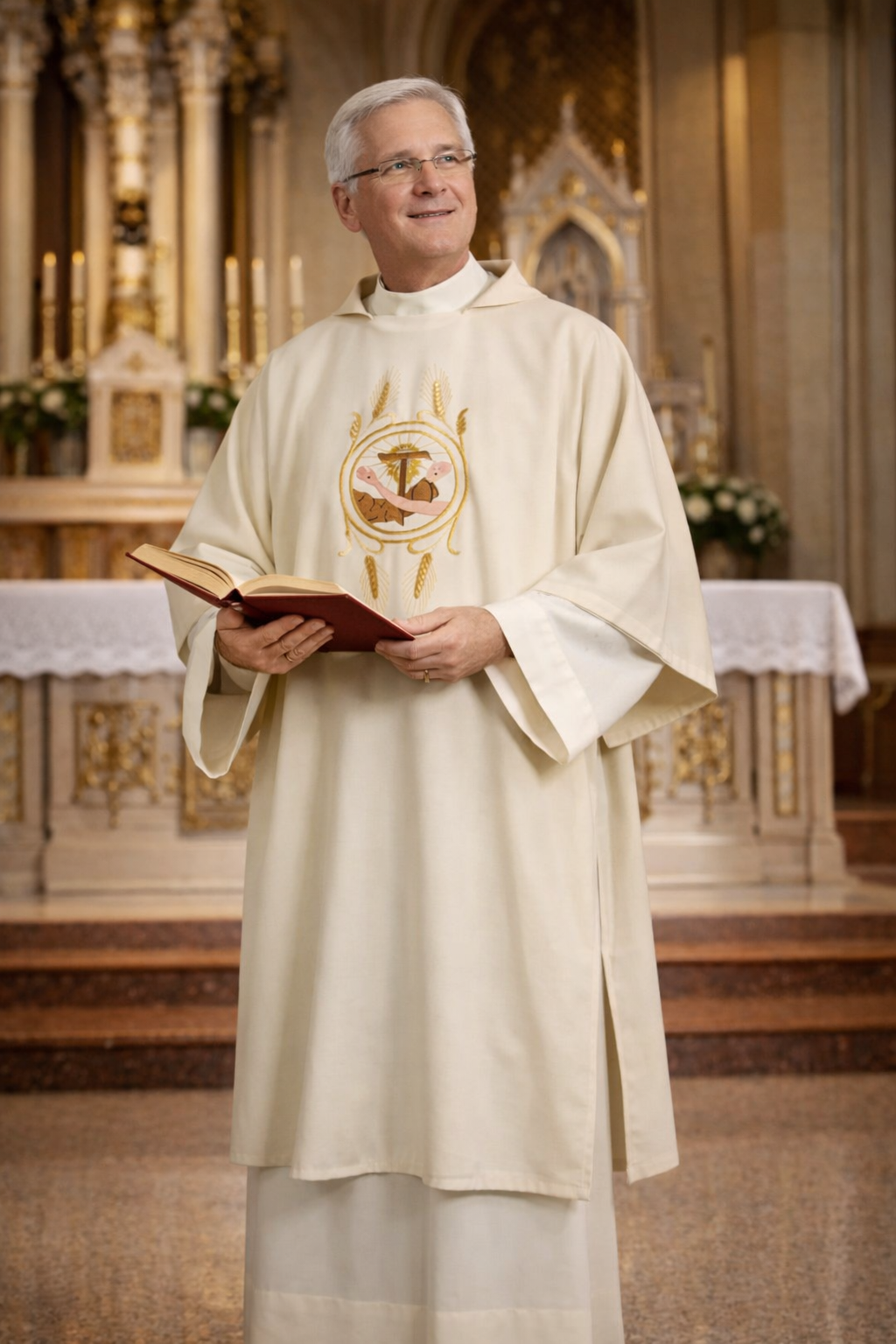Deacon in white liturgical vestments holding a book in a church setting