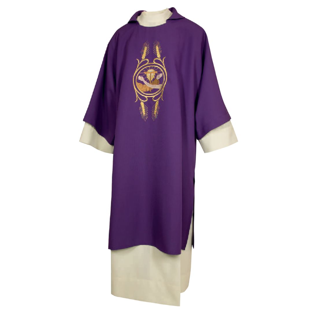 Deacon Dalmatic purple with Franciscan emblem Made in Italy and sold by The Clergy Store