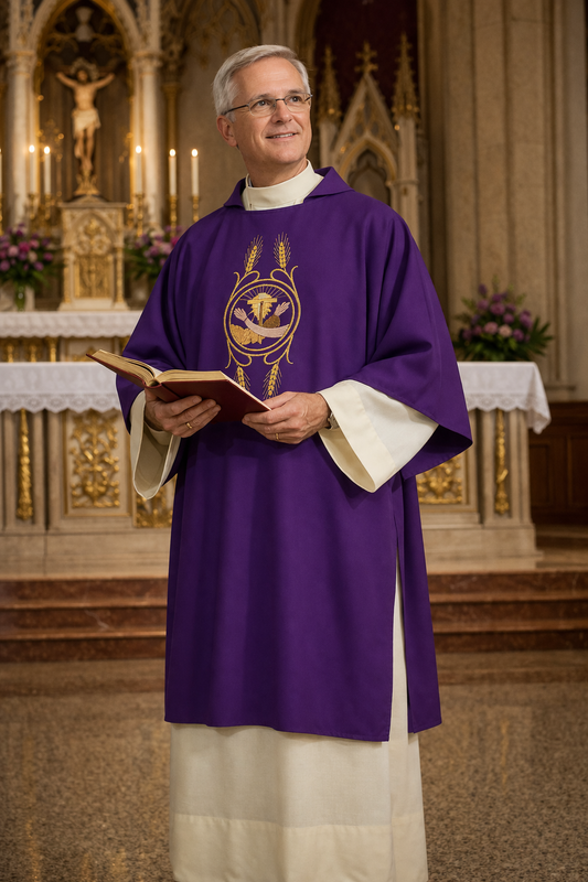 Deacon in purple vestment holding a book in a cathedral setting
