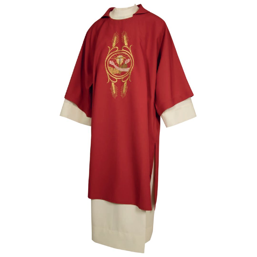 Deacon Dalmatic red with Franciscan emblem Made in Italy and sold by The Clergy Store