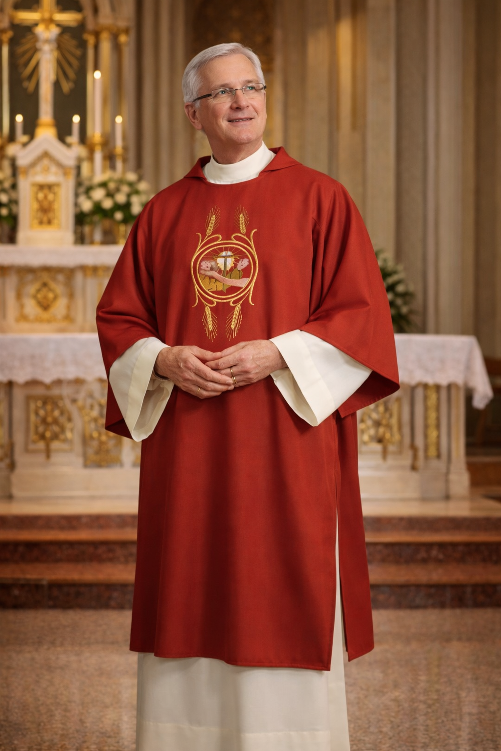 Deacon in red liturgical vestment with a church interior background