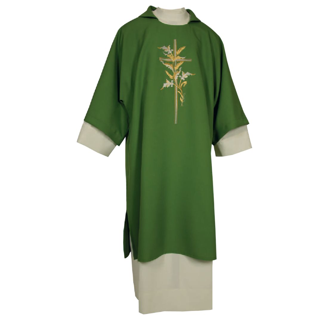 Deacon Dalmatic green with cross and lillys embroidery made in Italy and sold by The Clergy Store