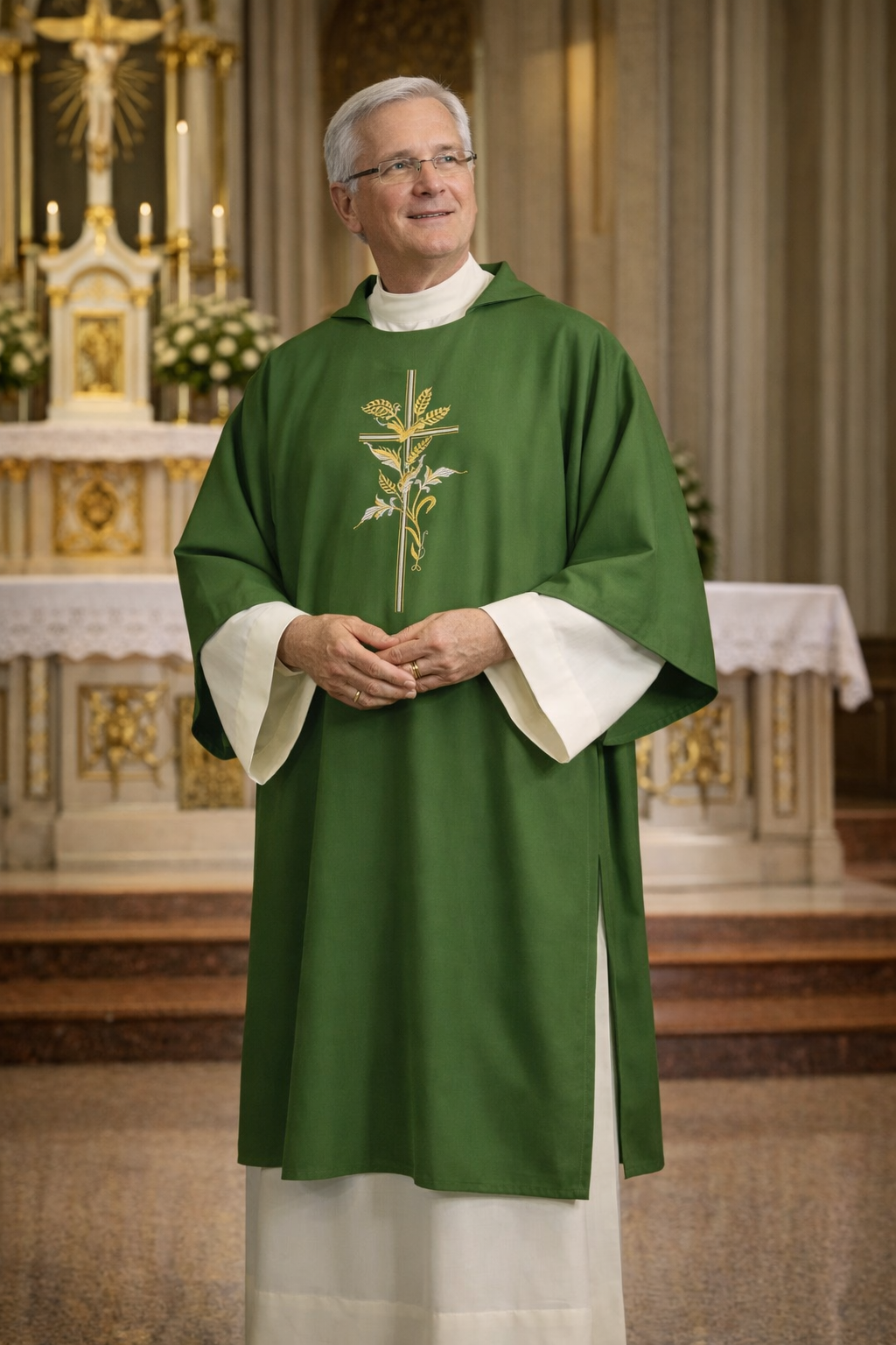 Deacon in green vestment with embroidered design standing in a church setting.