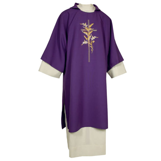 Deacon Dalmatic purple with cross and lillys embroidery made in Italy and sold by The Clergy Store