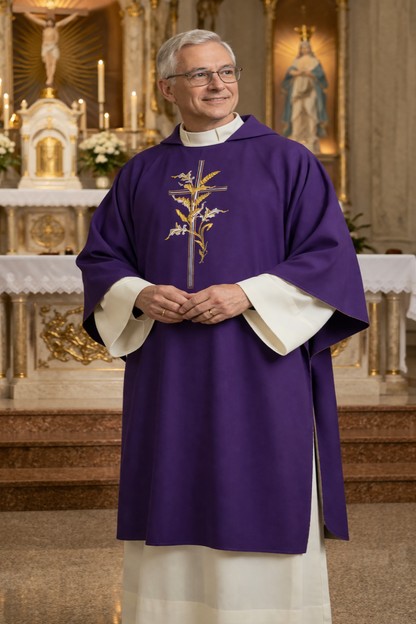 Deacon in purple vestment with embroidered design standing in a church setting.