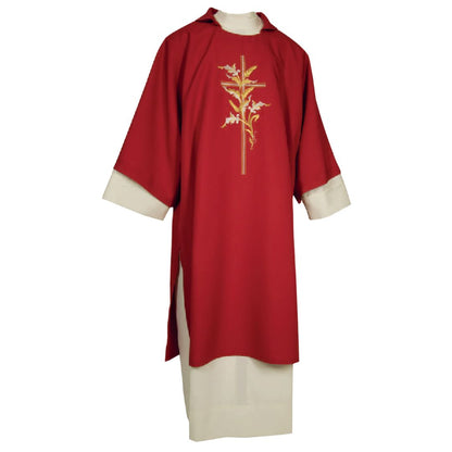 Deacon Dalmatic red with cross and lillys embroidery made in Italy and sold by The Clergy Store