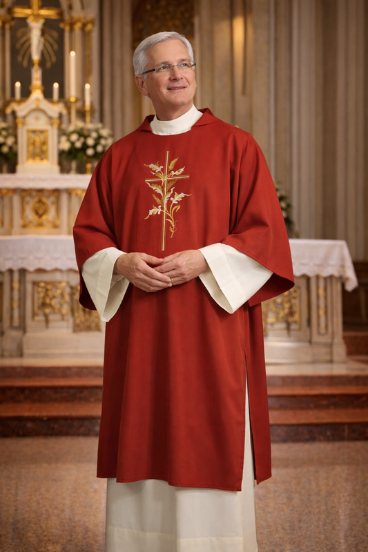 Deacon in red vestment with embroidered design standing in a church setting.