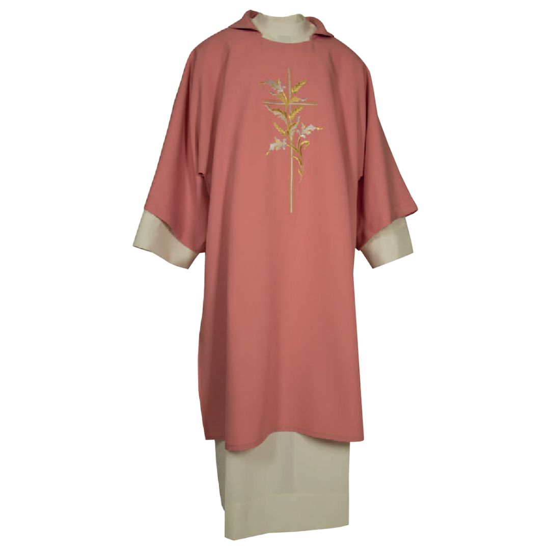 Deacon Dalmatic rose with cross and lillys embroidery made in Italy and sold by The Clergy Store