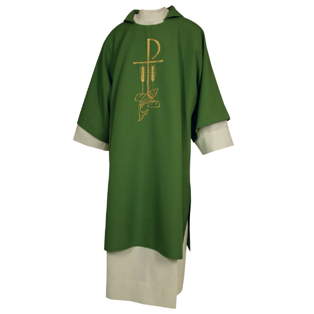 Deacon Dalmatic green with chi rho, fish, loaves and wheat stalk Made in Italy and sold by The Clergy Store