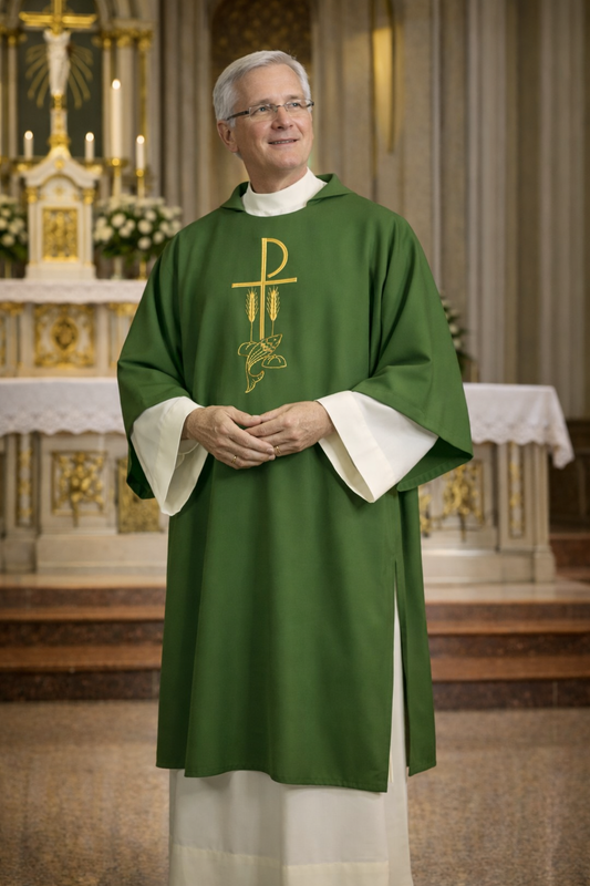 Deacon dalmatic green with chi rho, fish and stalk of wheat embroidery. 