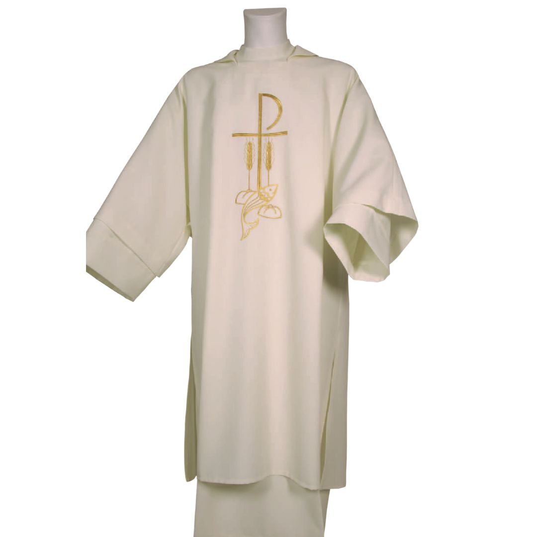 Deacon Dalmatic ivory with chi rho, fish, loaves and wheat stalk Made in Italy and sold by The Clergy Store