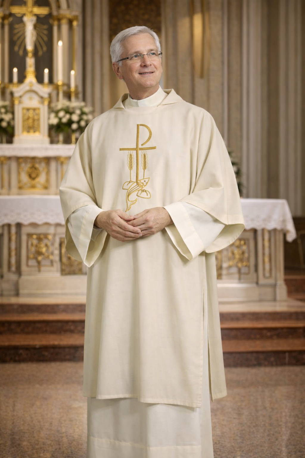 Deacon dalmatic ivory with chi rho, fish and stalk of wheat embroidery. 
