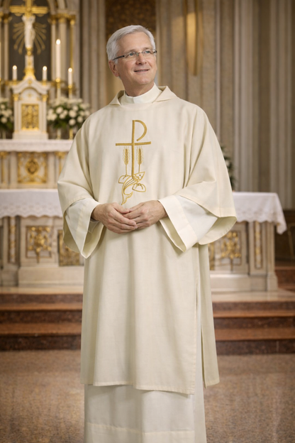 Deacon dalmatic ivory with chi rho, fish and stalk of wheat embroidery. 