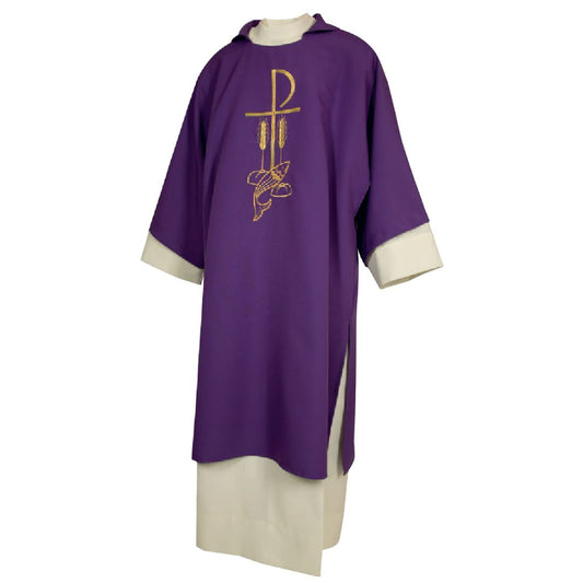 Deacon Dalmatic purple with chi rho, fish, loaves and wheat stalk Made in Italy and sold by The Clergy Store