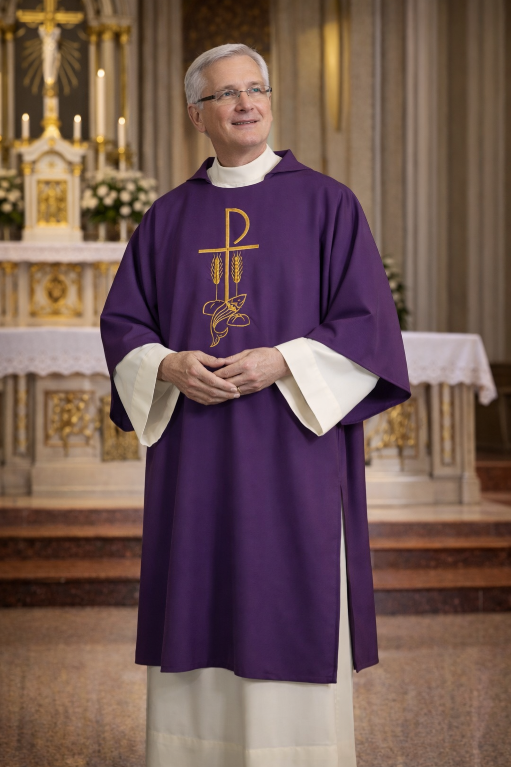 Deacon dalmatic purple with chi rho, fish and stalk of wheat embroidery. 