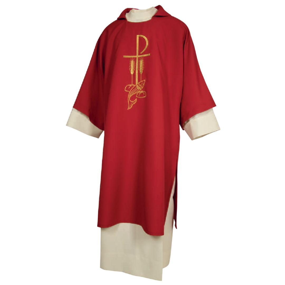 Deacon Dalmatic red with chi rho, fish, loaves and wheat stalk Made in Italy and sold by The Clergy Store