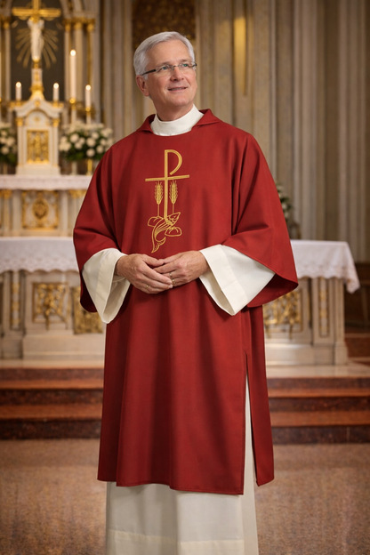 Deacon dalmatic red with chi rho, fish and stalk of wheat embroidery. 