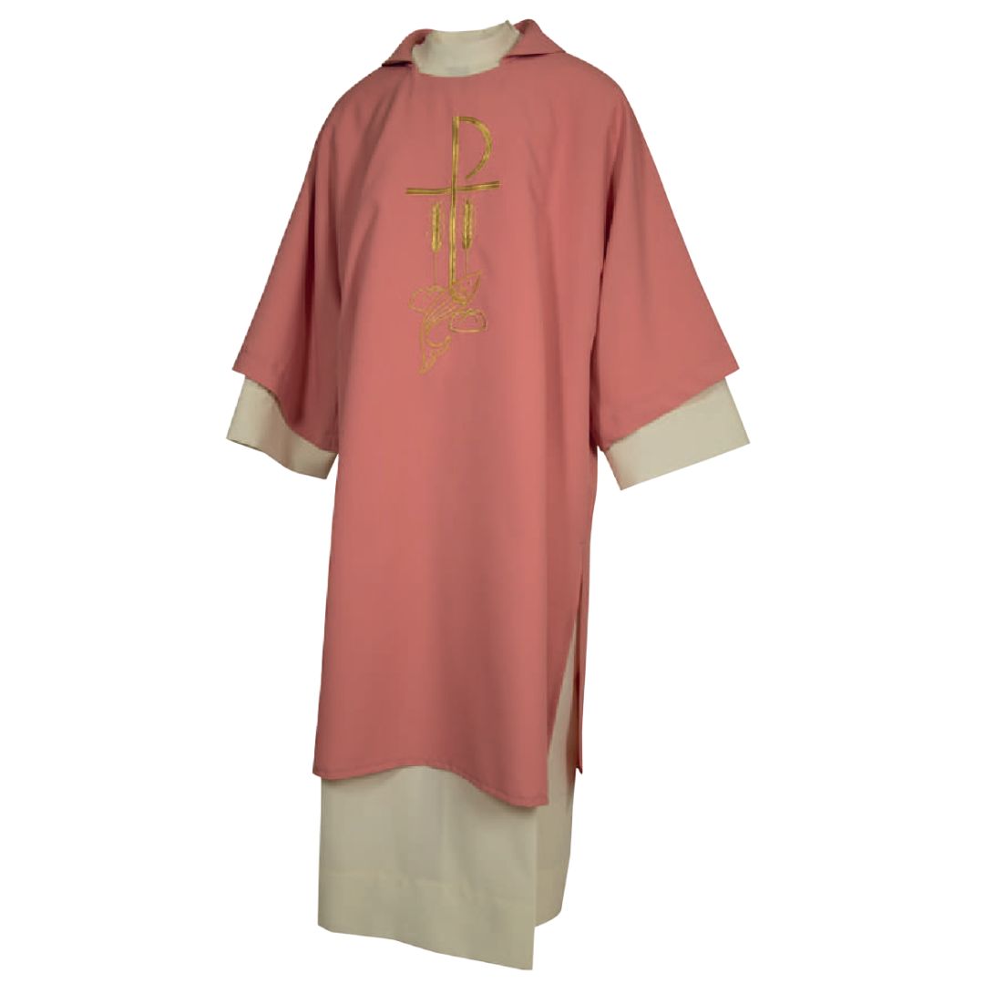 Deacon Dalmatic rose with chi rho, fish, loaves and wheat stalk Made in Italy and sold by The Clergy Store