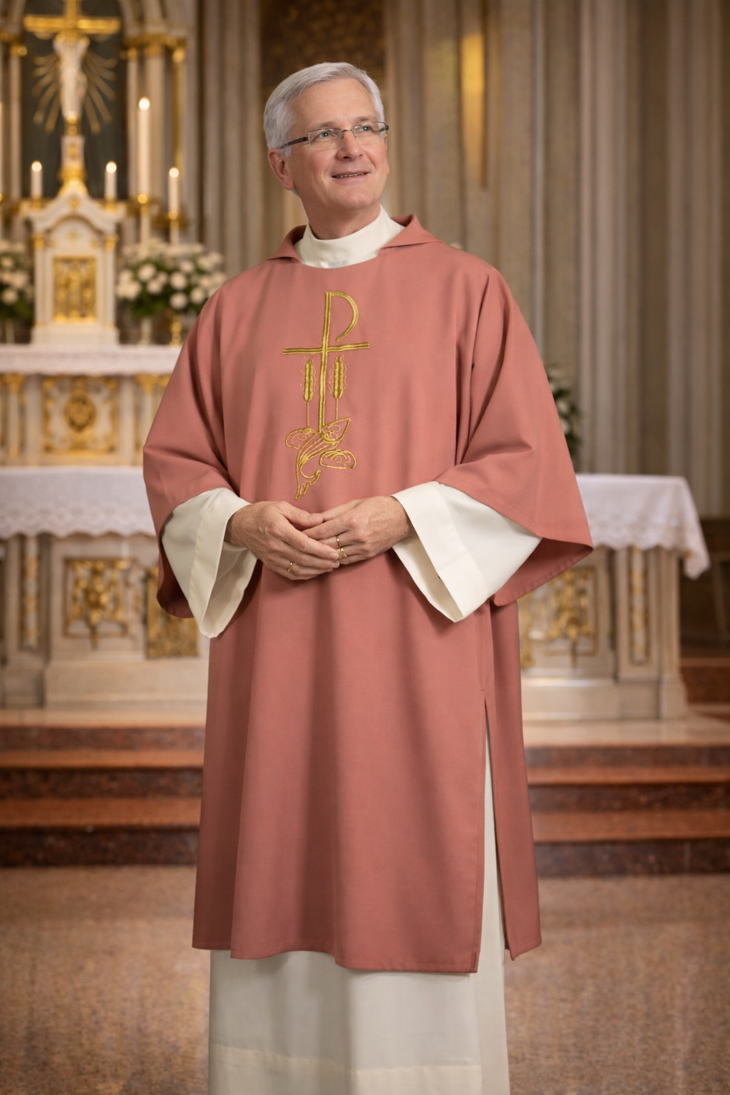 Deacon dalmatic rose with chi rho, fish and stalk of wheat embroidery. 
