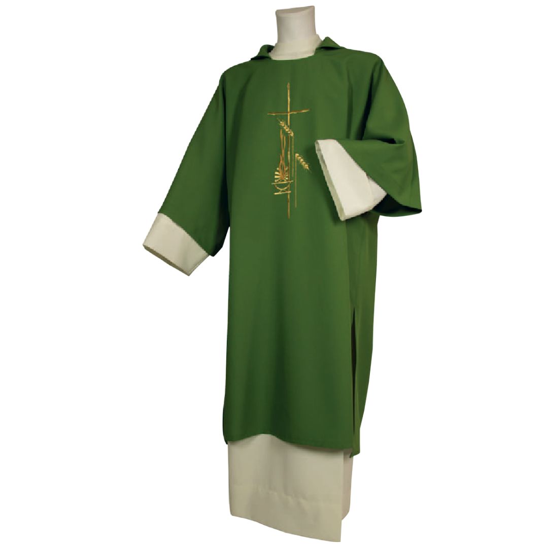 Deacon Dalmatic green with cross, flame and wheat Made in Italy and sold by The Clergy Store