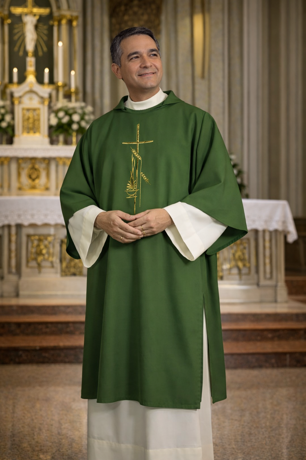 Deacon in green liturgical vestment with cross design, standing in a church setting.