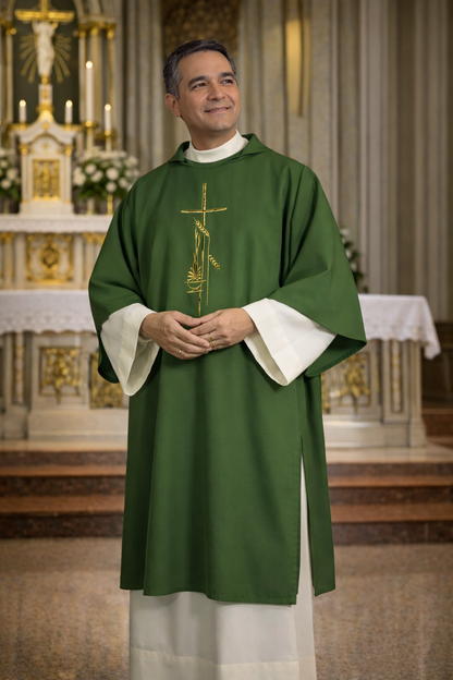 Deacon in green liturgical vestment with cross design, standing in a church setting.