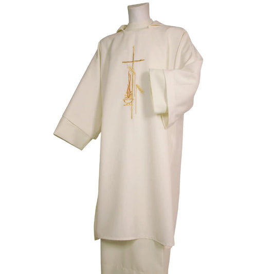 Deacon Dalmatic ivory with cross, flame and wheat Made in Italy and sold by The Clergy Store