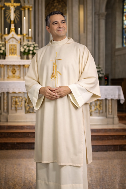 Deacon in white religious dalmatic standing in a church setting