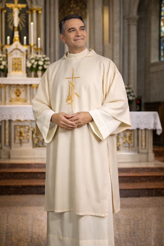 Deacon in white religious dalmatic standing in a church setting