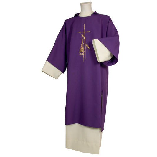 Deacon Dalmatic purple with cross, flame and wheat Made in Italy and sold by The Clergy Store