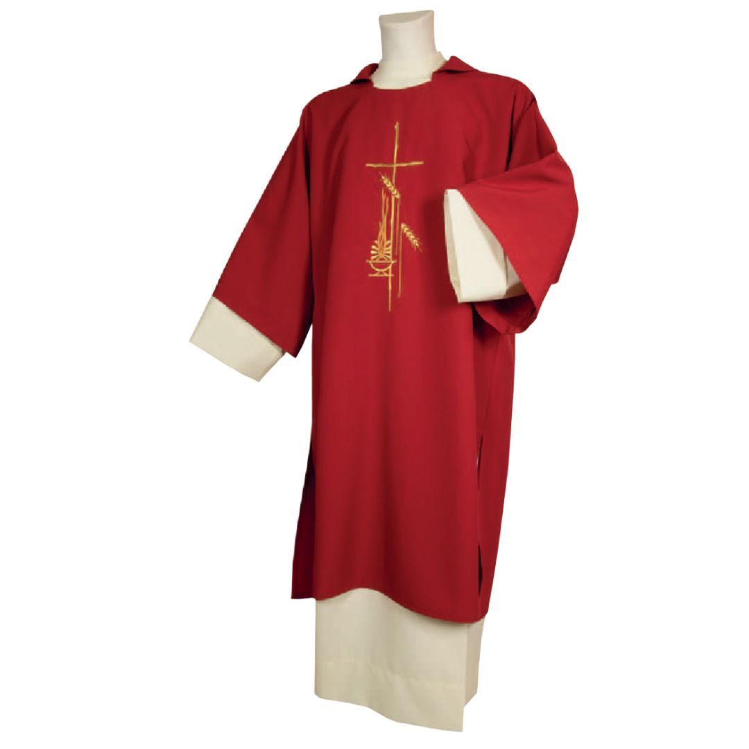 Deacon Dalmatic red with cross, flame and wheat Made in Italy and sold by The Clergy Store