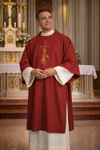 Deacon in red liturgical vestment with cross design standing in a church.