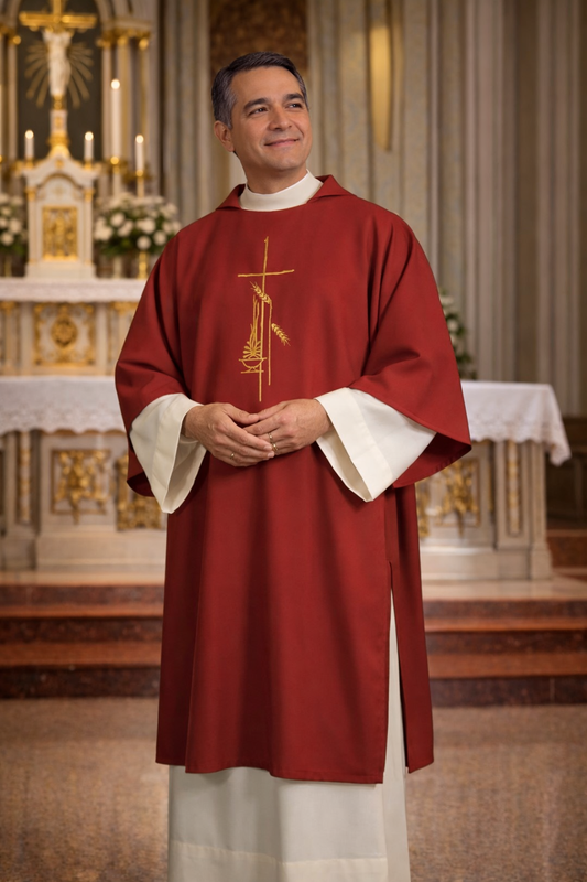 Deacon in red liturgical vestment with cross design standing in a church.