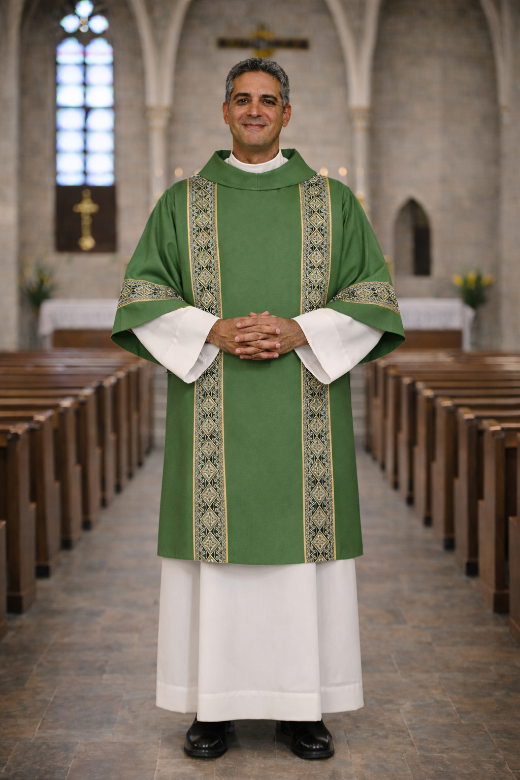 Dalmatic green with embroidered gold bands and cowl collar on lightweight material. Made in Italy