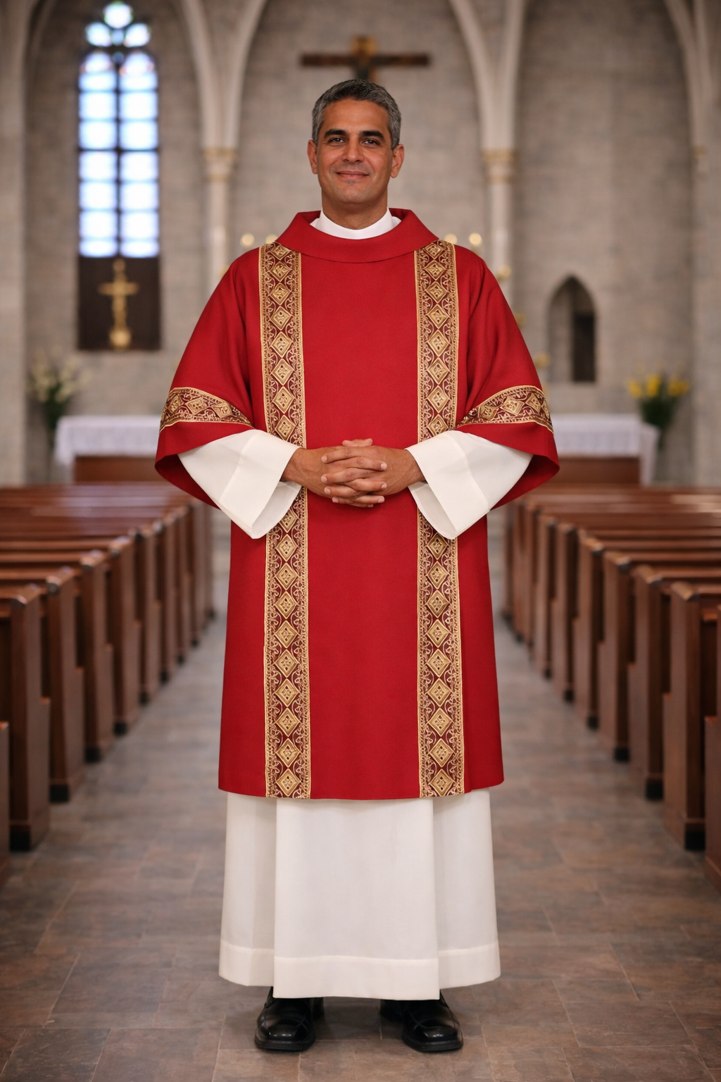 Dalmatic red with embroidered gold bands and cowl collar on lightweight material. Made in Italy