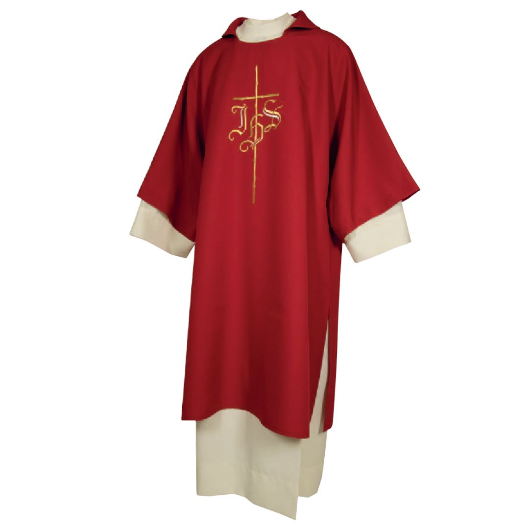 Deacon Dalmatic red with cross and IHS embroidery Made in Italy and sold by The Clergy Store