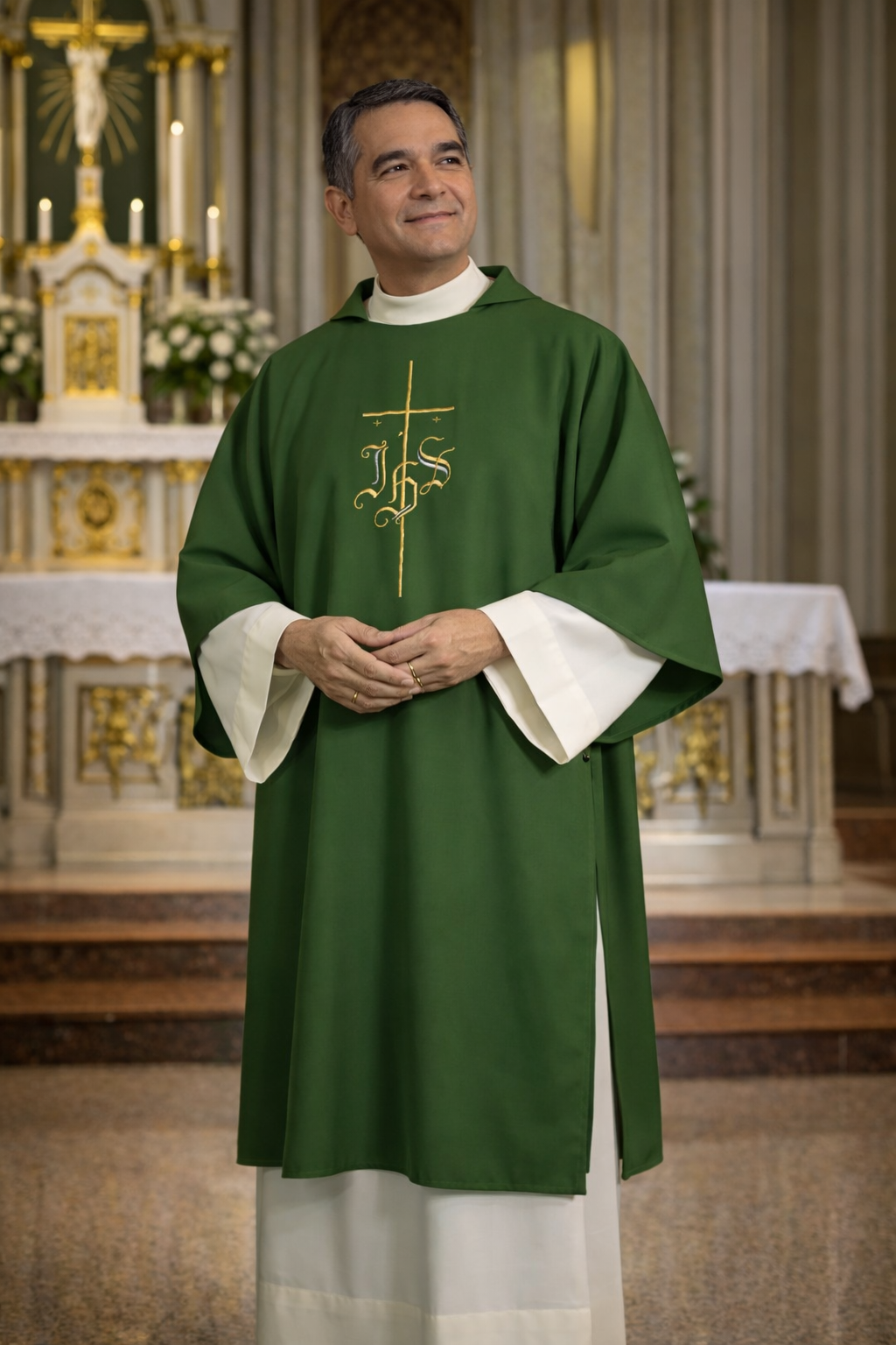 Deacon in a green dalmatic with a cross symbol in a church setting