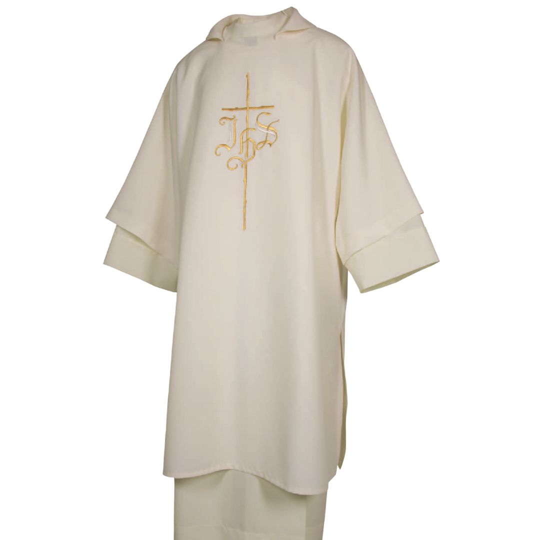 Deacon Dalmatic ivory with cross and IHS embroidery Made in Italy and sold by The Clergy Store