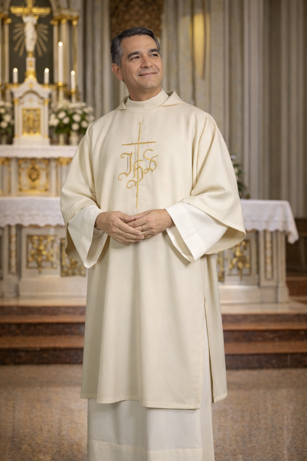 Deacon in a ivory dalmatic with gold embroidery in a church setting