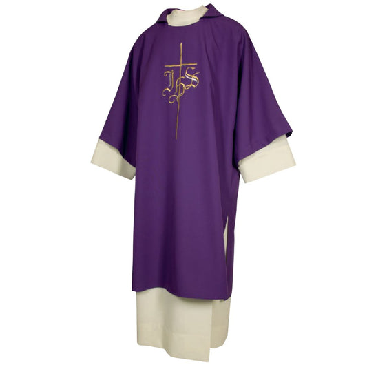 Deacon Dalmatic purple with cross and IHS embroidery Made in Italy and sold by The Clergy Store