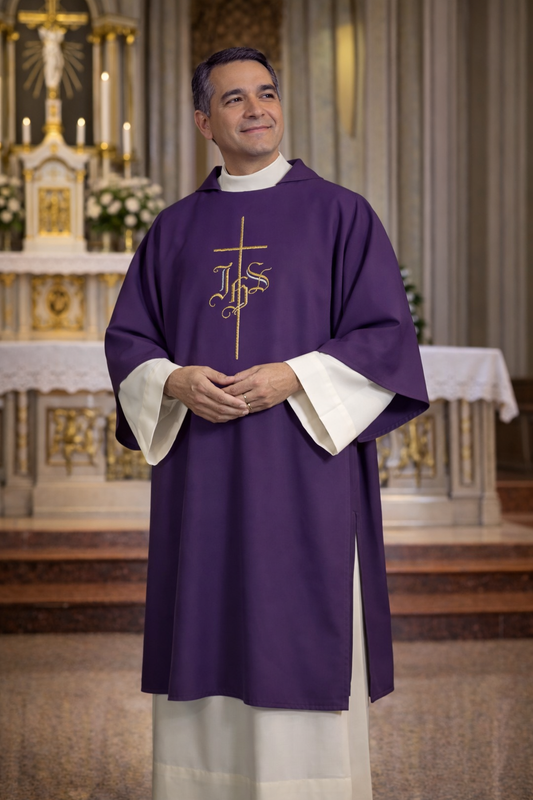 Deacon in purple liturgical vestment with gold cross in a church setting