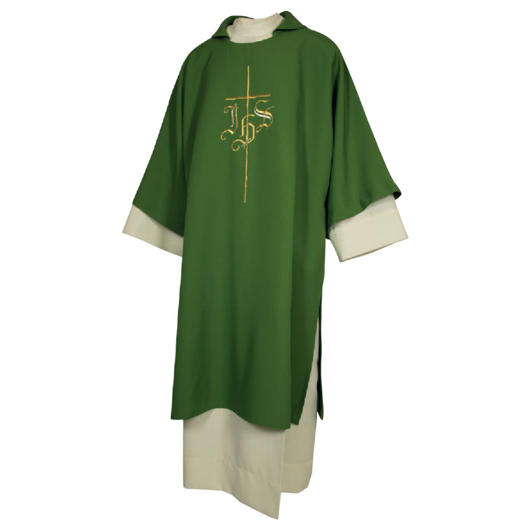 Deacon Dalmatic green with cross and IHS embroidery Made in Italy and sold by The Clergy Store