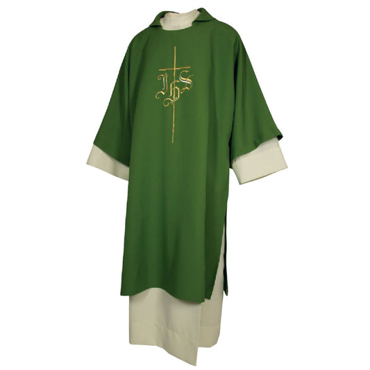 Deacon Dalmatic green with cross and IHS embroidery Made in Italy and sold by The Clergy Store