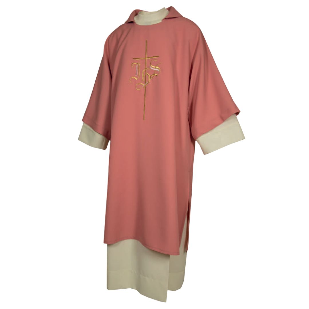 Deacon Dalmatic rose with cross and IHS embroidery Made in Italy and sold by The Clergy Store